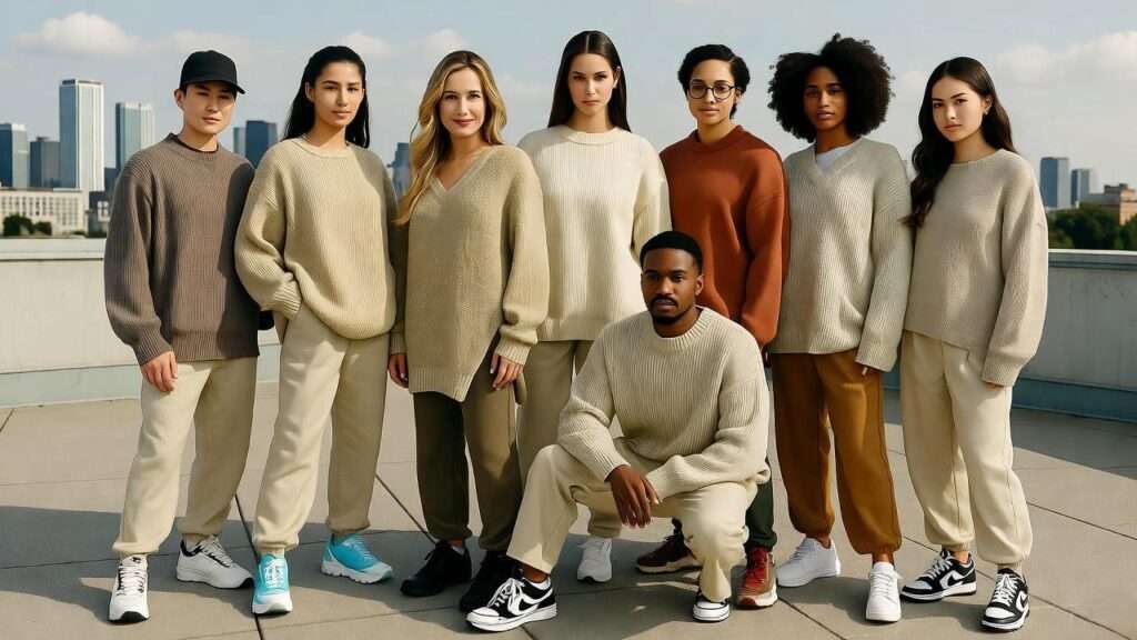 Gender-fluid oversized sweaters in inclusive top Korean fashion inspired by K-dramas.