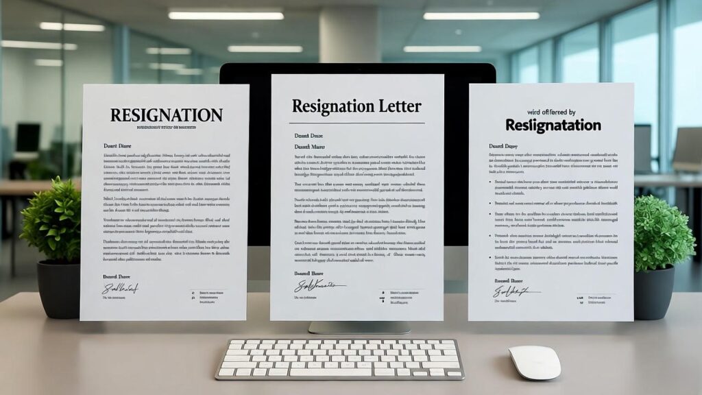 Three resignation letter layouts on a modern Korean office desk