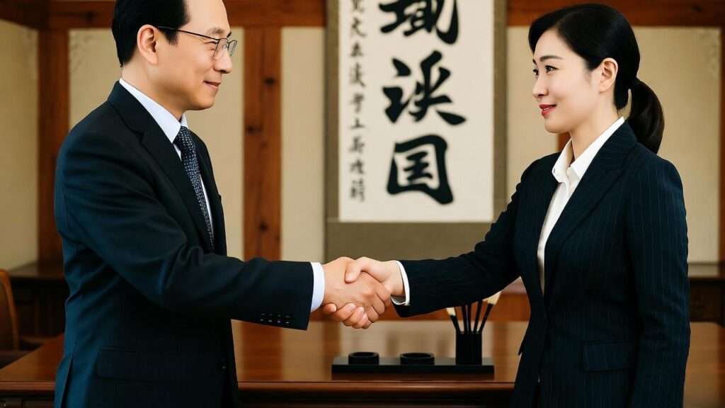 Professionals exchanging a handshake in a traditional Korean office