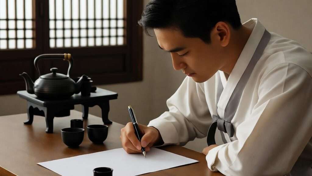 Person writing a resignation letter with Korean cultural symbols