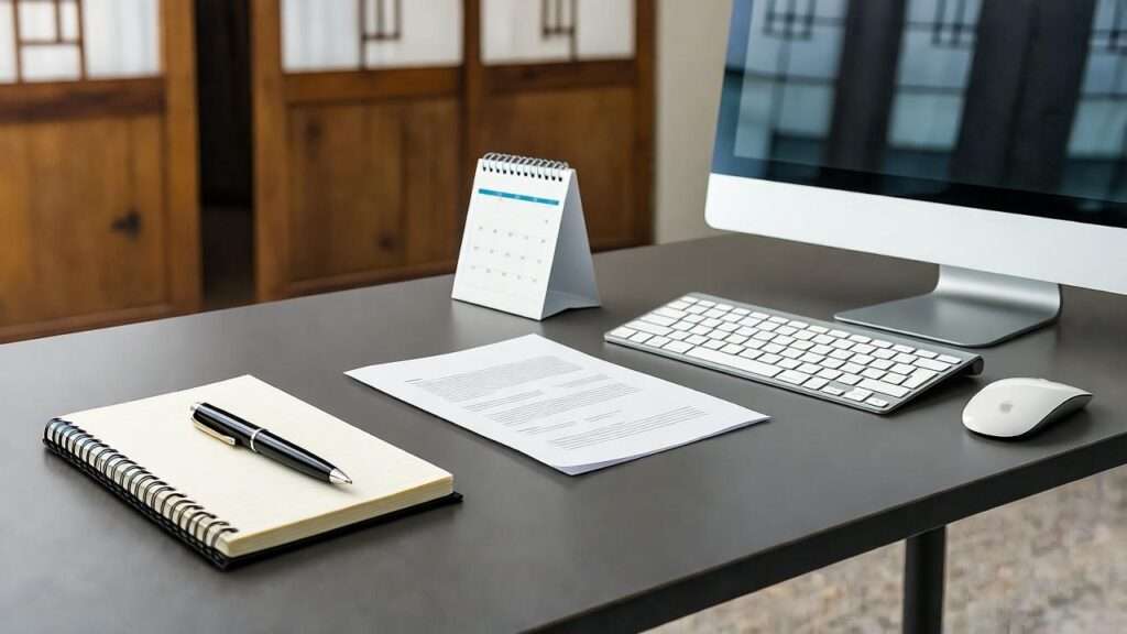 Workspace with notebook and calendar for writing a Korean resignation letter