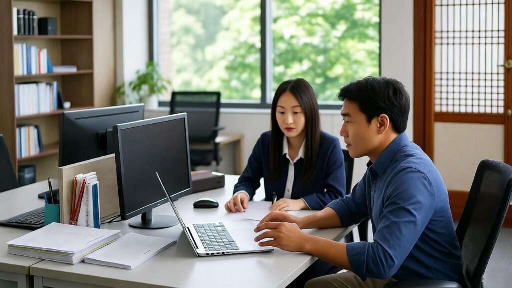 Team meeting for a smooth resignation handover in a Korean office
