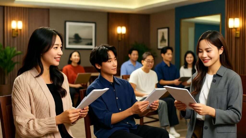 Aspiring actors practicing lines in a K-Drama audition room with modern Korean decor.