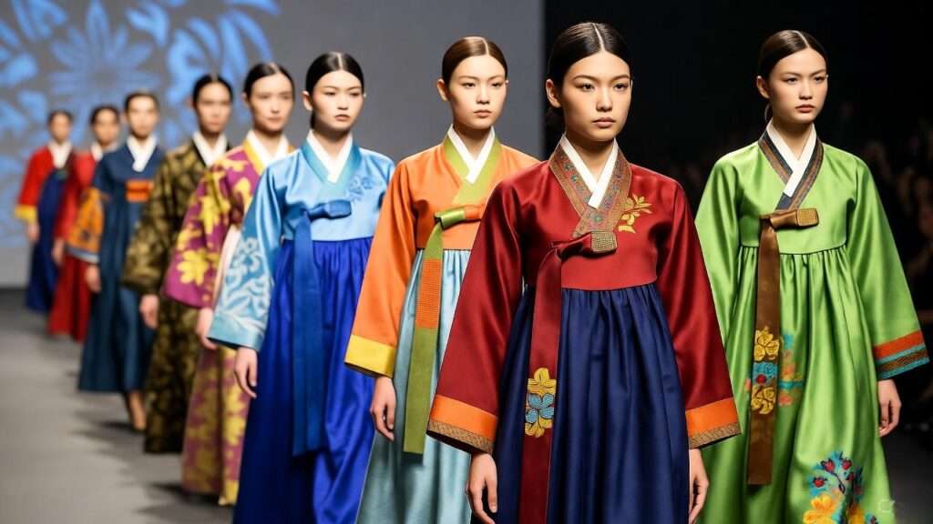 Models showcasing hanbok-inspired outfits at Seoul Fashion Week runway show.
