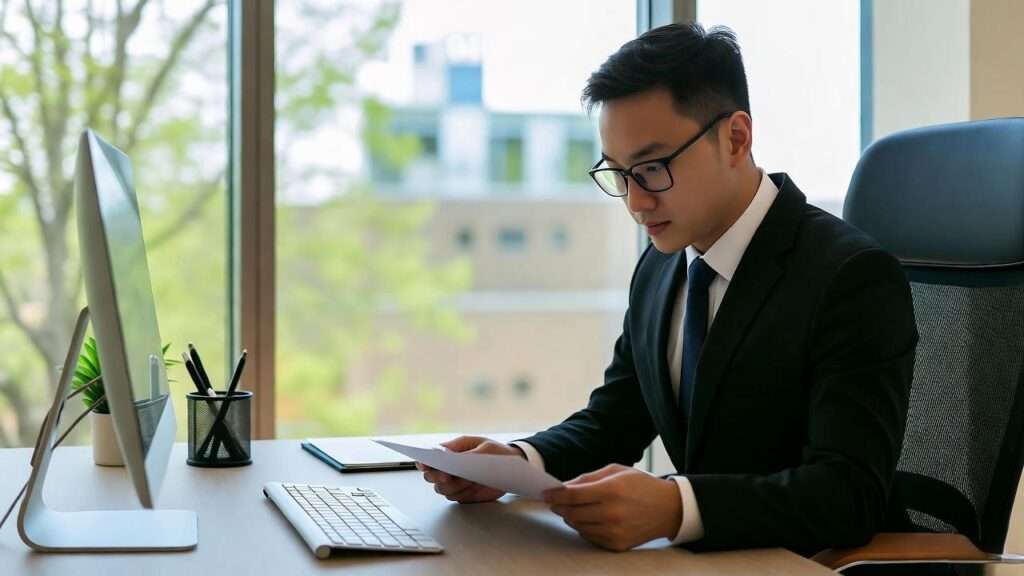 Legal professional reviewing a contract in a modern office for transparency.