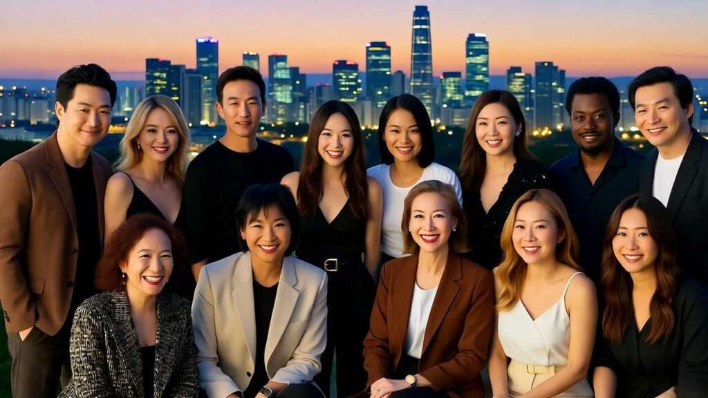 International models and actors celebrating success with Seoul skyline at dusk
