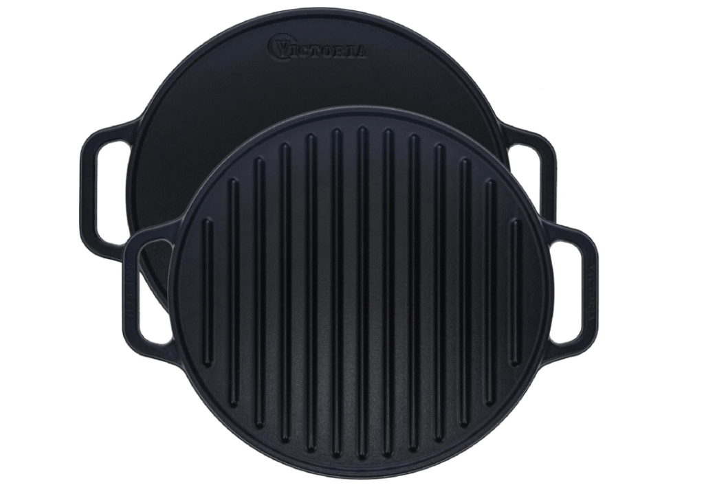 Victoria Round Cast Iron Grill. Double Burner Griddle, with Removable Coil Handles Seasoned with 100% KoBibir Certified Non-GMO Flaxseed Oil, 12.5 Inch, Black