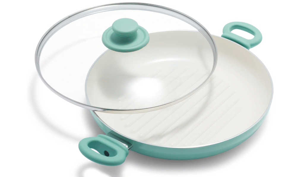 GreenLife 11” Healthy Ceramic Nonstick Grill Pan with 2 Handles and Lid, PFAS-Free, Rivetless Interior, Grill Ridges, Dishwasher Safe, Oven Safe, Turquoise