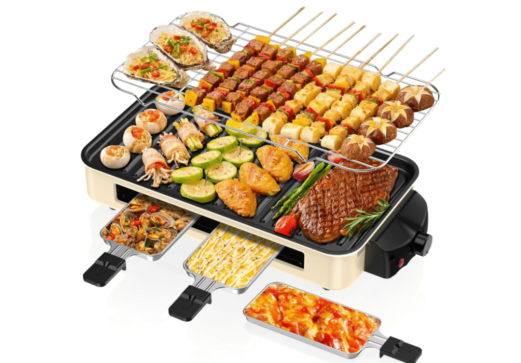 Electric Indoor Grill 1500W -2 in 1 Smokeless Indoor Grill for Kitchen with Non-stick Removable Grill & Griddle Plate,Temperature Control Korean BBQ Grill with 3 Cheese Pans Dishwasher Safe