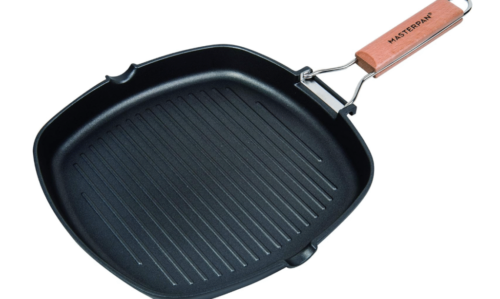 MasterPan Non-Stick Grill Pan with Folding Wooden Handle, 8", Black and Brown