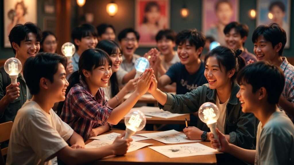 ONEDOOR fandom community illustration of BoyNextDoor fans collaborating on projects worldwide