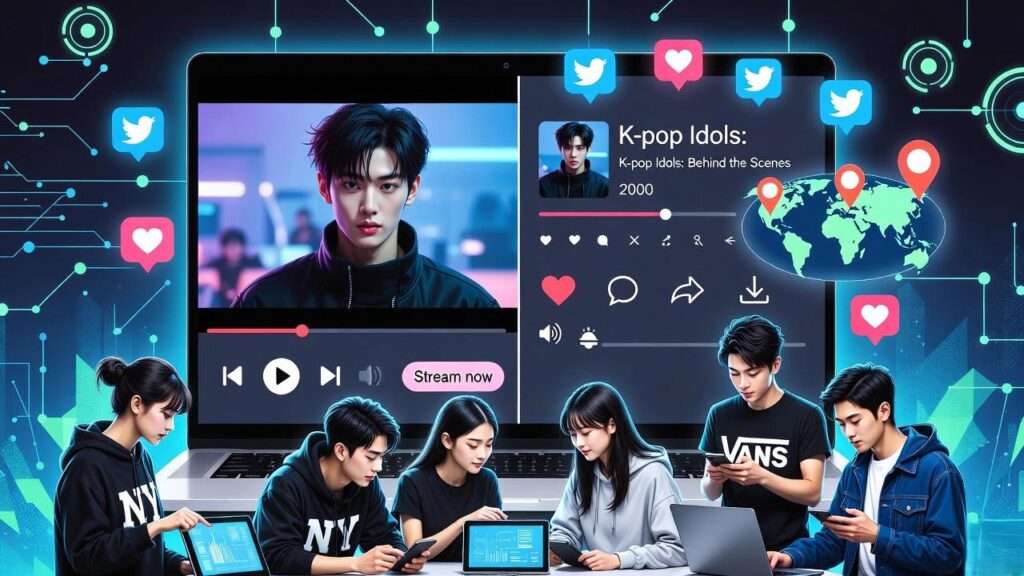 K-pop fans engaging in streaming parties and hashtag campaigns, highlighting digital tools in fan culture