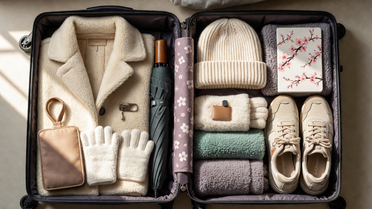 Complete packing flat lay for Korea March travel including layers and spring essentials