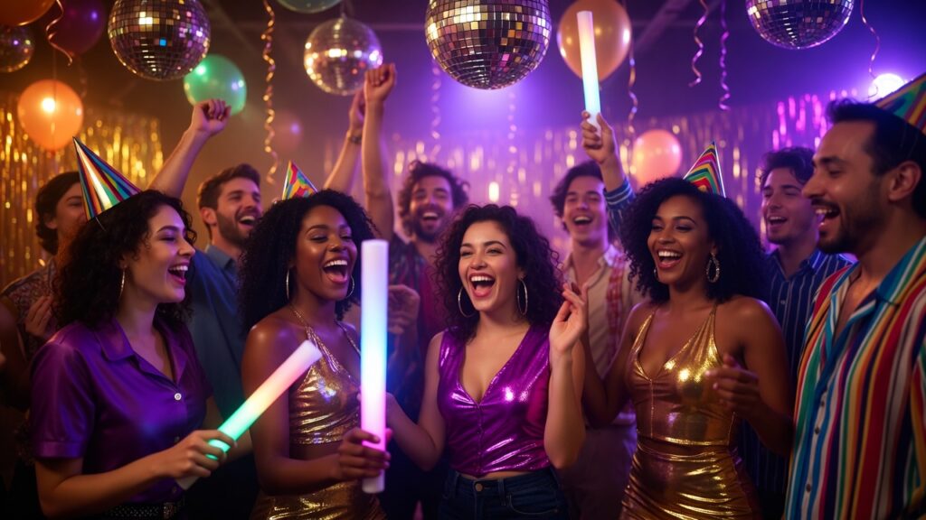 Group of friends dancing at BTS-inspired disco birthday party with neon lights and light sticks for Kpop theme birthdays.