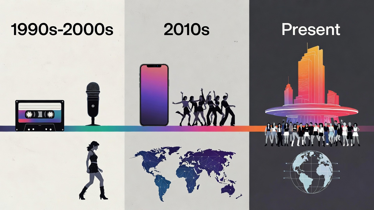 Timeline of Kpop generations showing evolution from first to fifth gen idols.