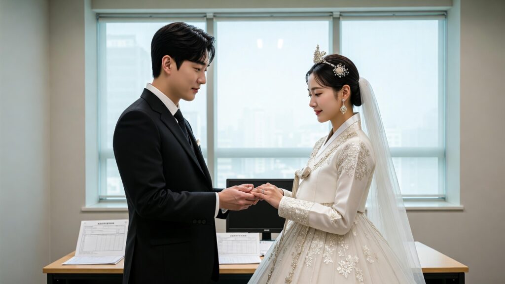 Korean couple registering marriage under family relations law with hanbok and city view
