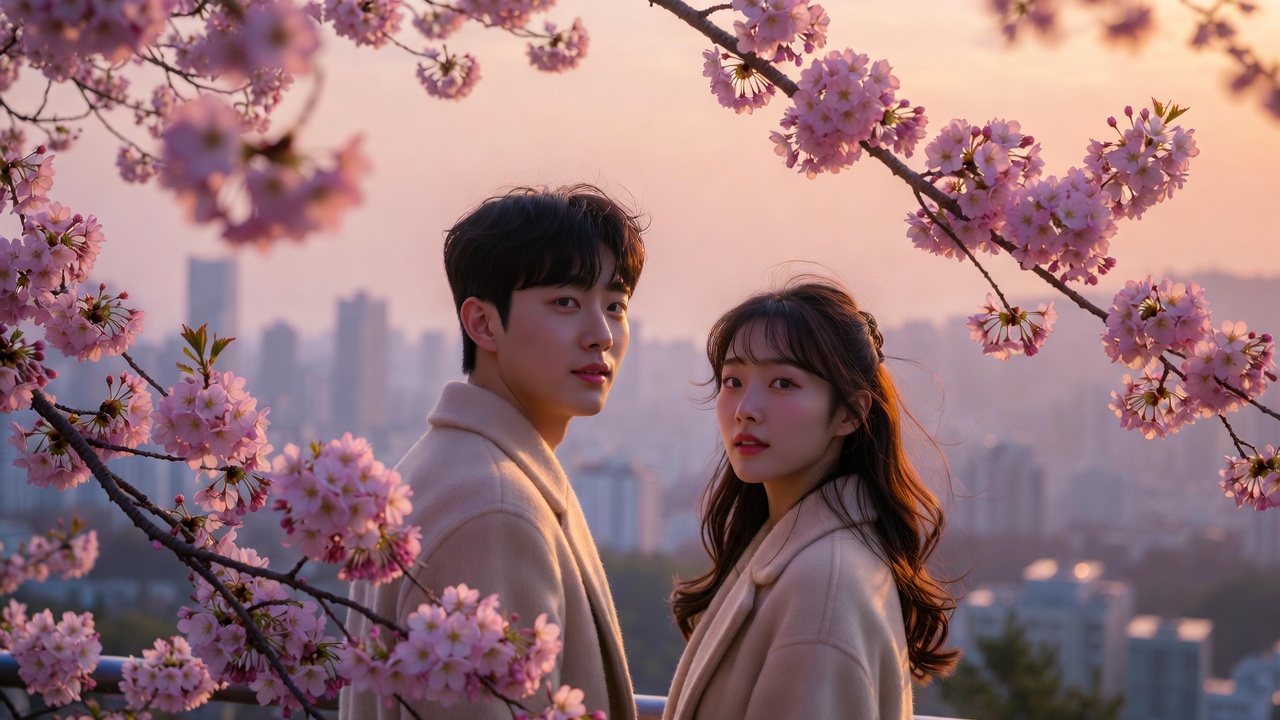 Romantic cherry blossom sunset view at Namsan Tower Seoul during peak March bloom