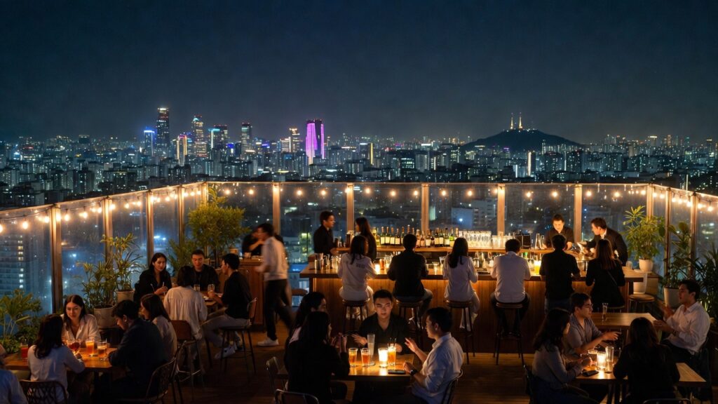 Nighttime rooftop bars in Itaewon Seoul offering global vibes and city skyline views.