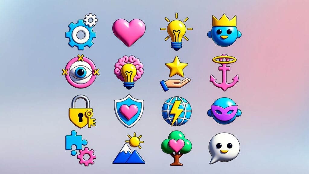 Colorful abstract grid of 16 MBTI personality icons inspired by K-pop vibes