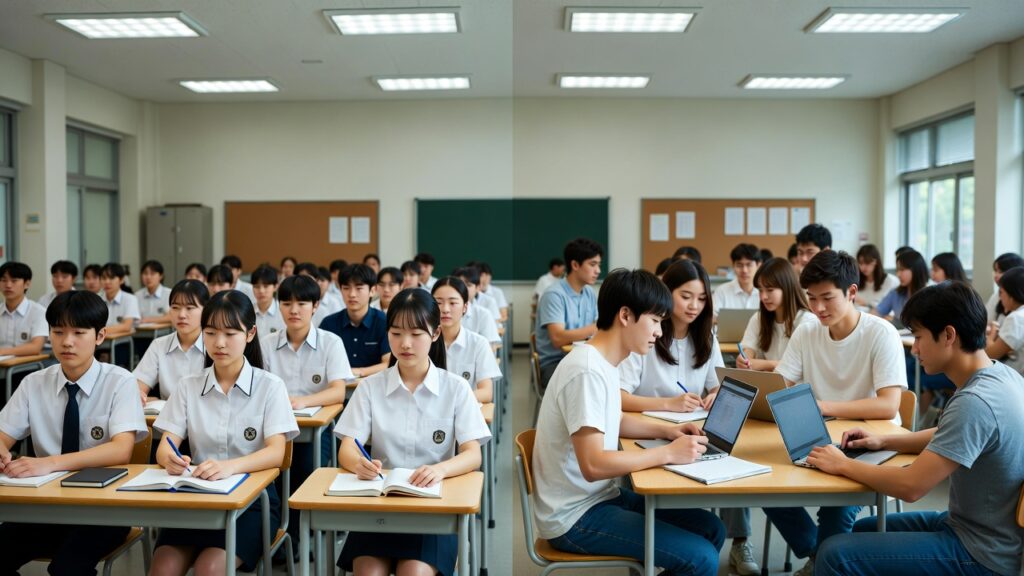 Visual comparison of South Korean middle schools versus Western education systems in classroom settings.