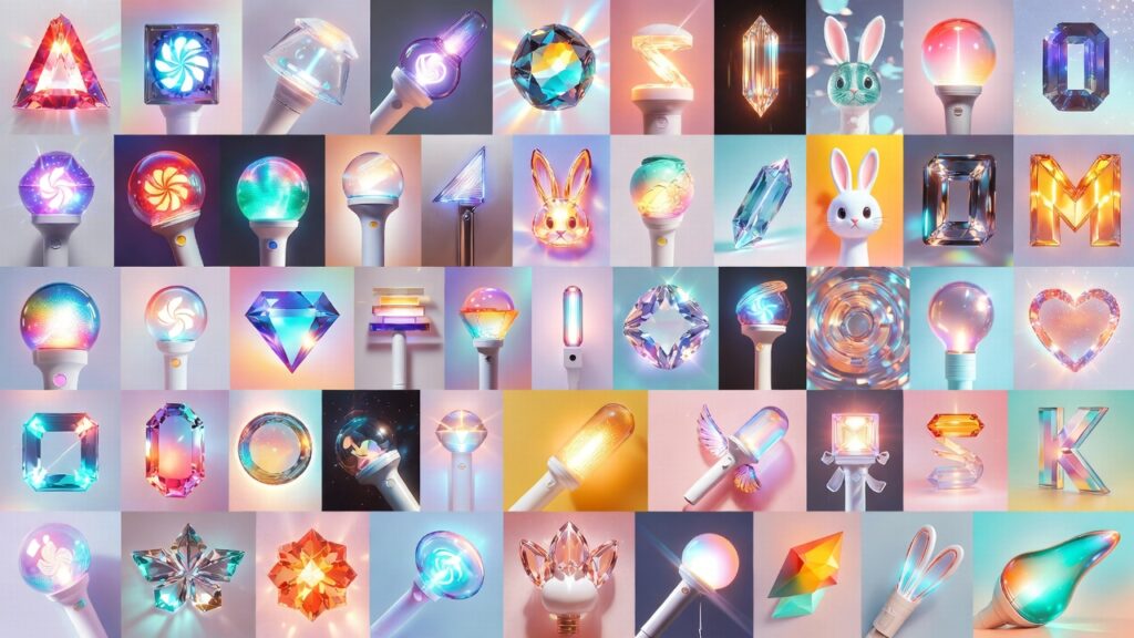 Collage of Kpop fandom symbols like lightsticks and motifs for names and meanings.
