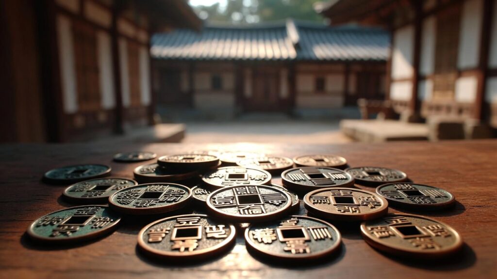 Ancient Joseon Dynasty coins including Sangpyeong Tongbo, showcasing historical Korean currency evolution.