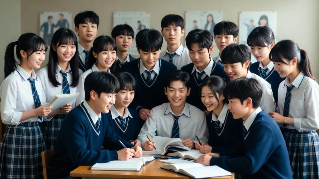 K-drama inspired scene of South Korean middle school students learning resilience and personal growth.