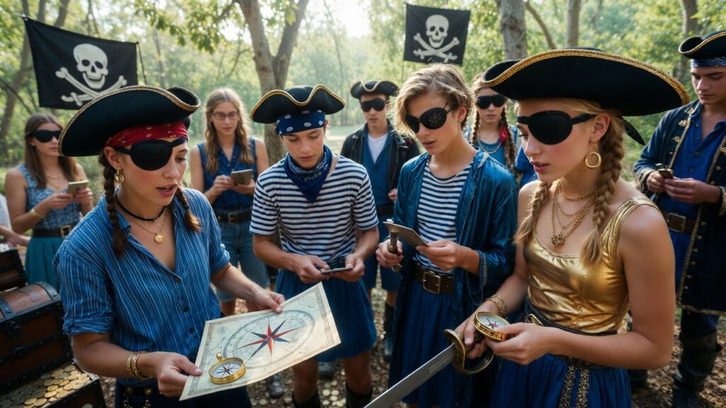 Pirate treasure hunt birthday party with maps and clues inspired by ATEEZ for Kpop theme birthdays.