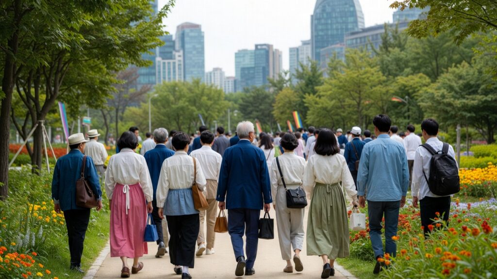 Modern Korean society showing gender equality and demographic shifts in family relations law