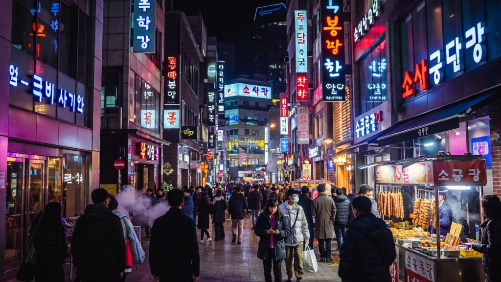 Vibrant Myeongdong night market in Seoul with neon lights and street food vendors.