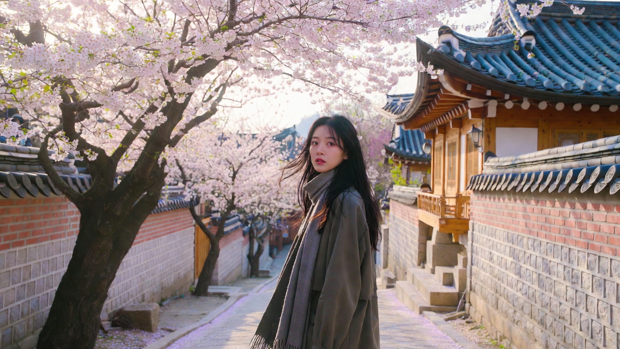 Scenic cherry blossom walk through Bukchon Hanok Village in late March Seoul