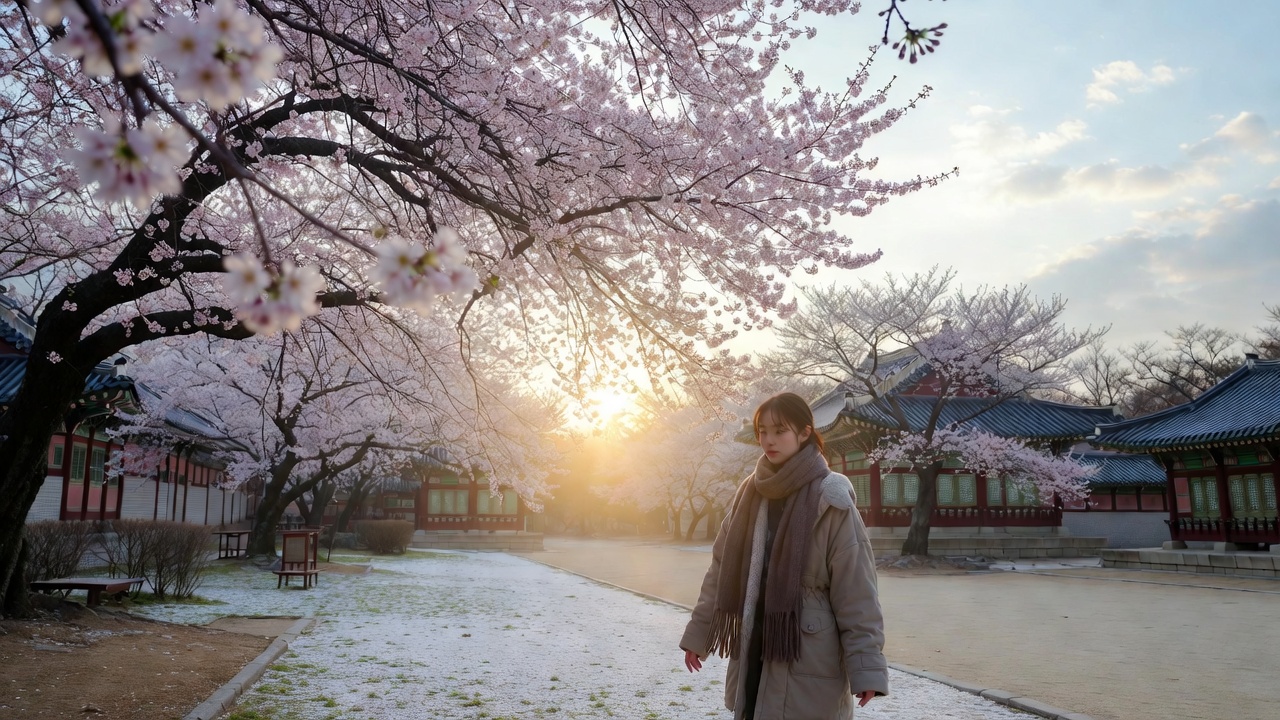 Chilly March morning at Gyeongbokgung Palace with early cherry blossoms in Seoul