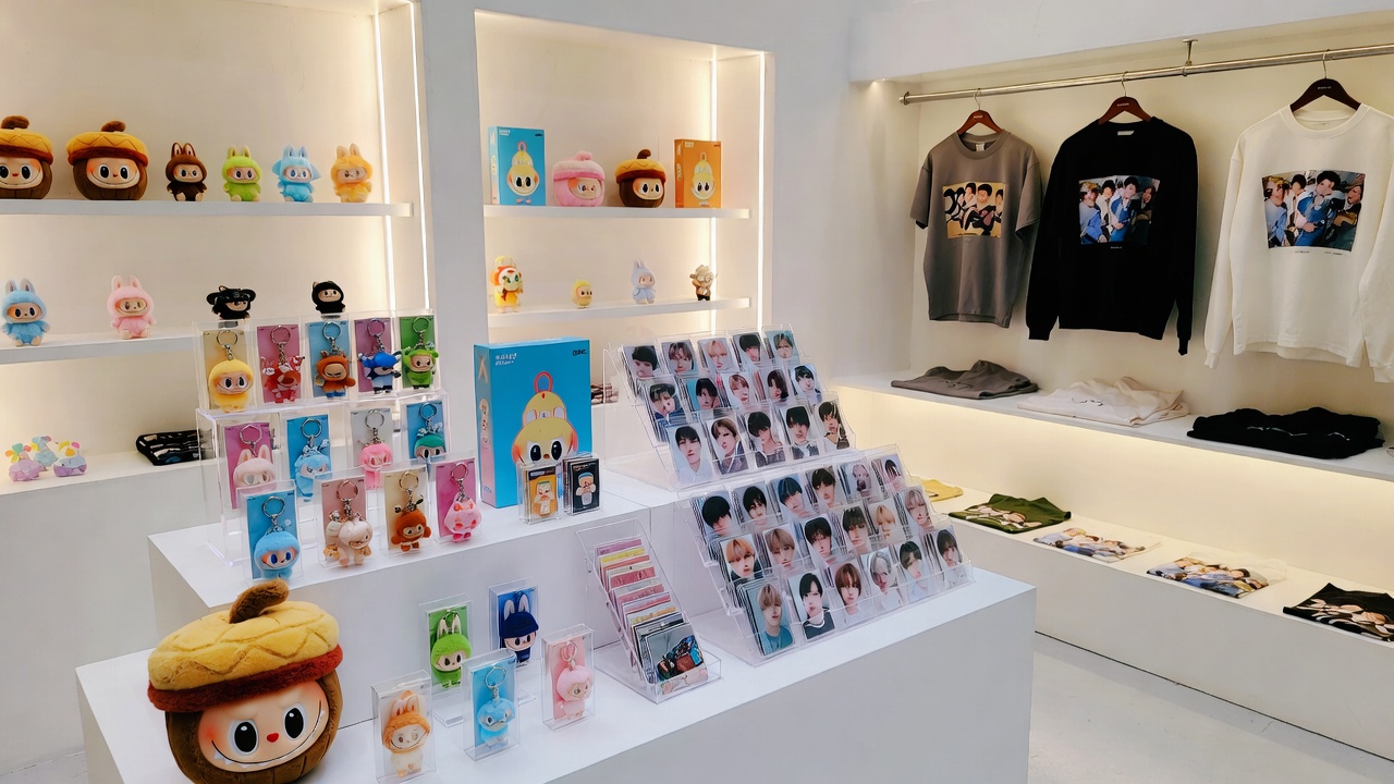 Official limited-edition merchandise display from BTS J-Hope 'AND WHAT?' solo exhibition