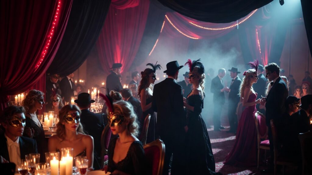 Mysterious masquerade birthday party with velvet decor and masks inspired by Red Velvet for Kpop theme birthdays.