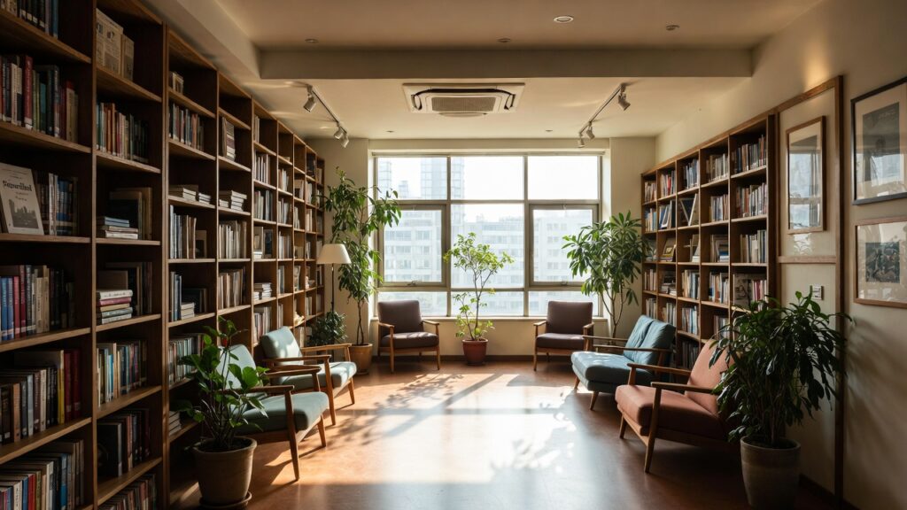 Hidden reading garden and book sculptures inside Songpa Book Museum for a relaxing visit.