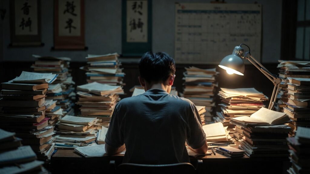 Illustration of academic pressure and education fever in South Korean middle schools with study elements.