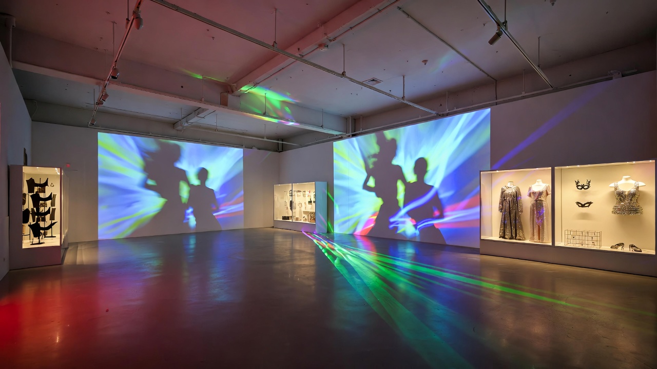 Immersive interior of BTS J-Hope 'AND WHAT' solo exhibition in Hongdae Seoul with colorful lighting and artistic displays