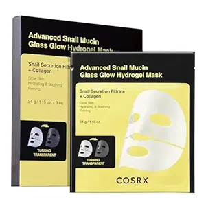 COSRX Advanced Snail Mucin Glass Glow Hydrogel Face Masks Skincare 3 EA, Collagen Face Mask, Travel Essentials, Overnight Face Mask, Korean Skin Care