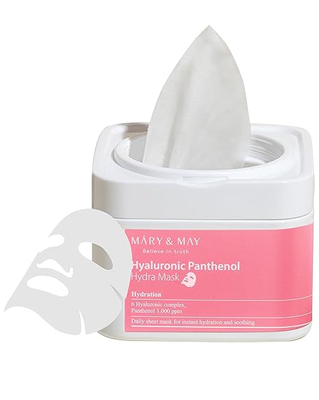 Mary&May Hyaluronic Panthenol Hydra Mask (30 Sheets) – Daily Pull-Out Box with 6 Types HA, Hydrating & Soothing Korean Sheet Mask for Dry Dehydrated Skin, Glass Skin Prep