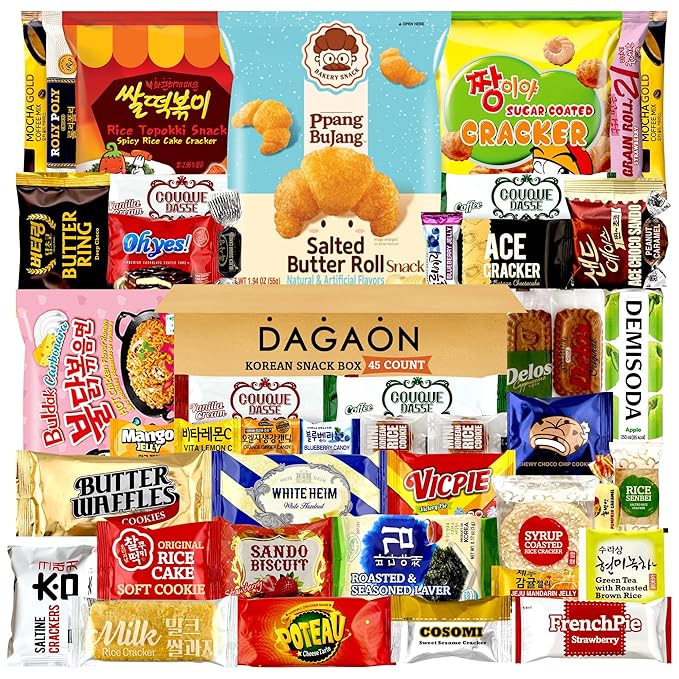 DAGAON Korean Snack Box 45 Count – Variety Snacks Including Korean’s Chips, Biscuits, Cookies, Pies, Candies. Appetizing Korean treats for any occasions, gifts and everyone.