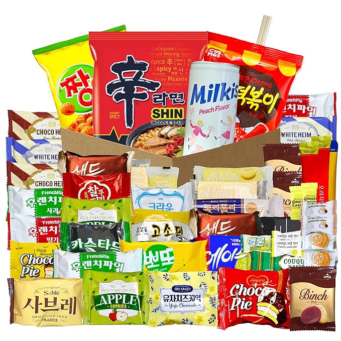 Korean Snack Box 48 Count - Variety of Individually Wrapped Korean Snacks with Chips, Cookies, Ramen and Candy for Kids, Children, College Students, and Adults. Gift Box for K-Food Lovers