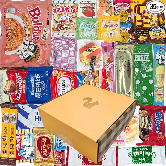 DOTORI SNACK BOX (35 Count) - Japanese & Korean Snacks Care Package - Includes Spicy Creamy Ramen, Chocolate Biscuits, Gummy Candy, Cookies, Savory Chips & Coffee - Gift for College Students, Adults & Kids