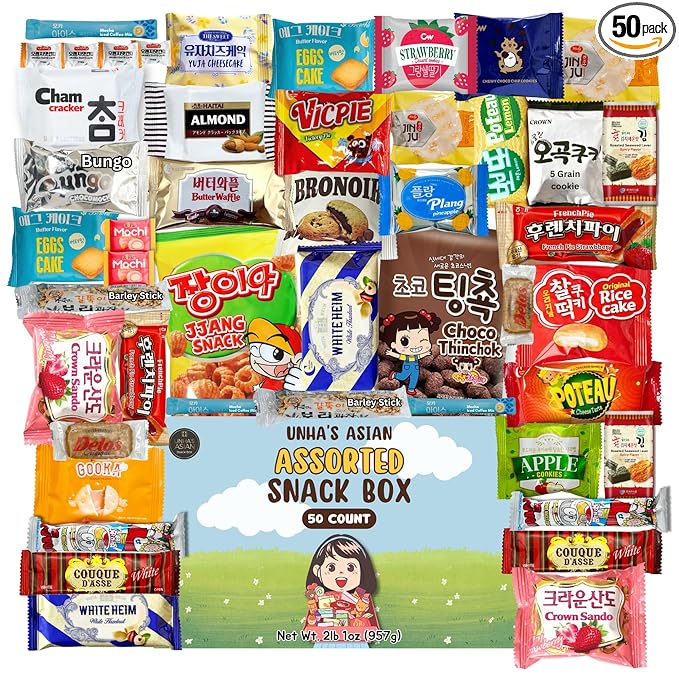 UNHA'S ASIAN - Korean Snack Box Variety Pack Care Package 50 Count Treats kids Adult Grandkids Birthday Office School Office Cookies Chips Snacks
