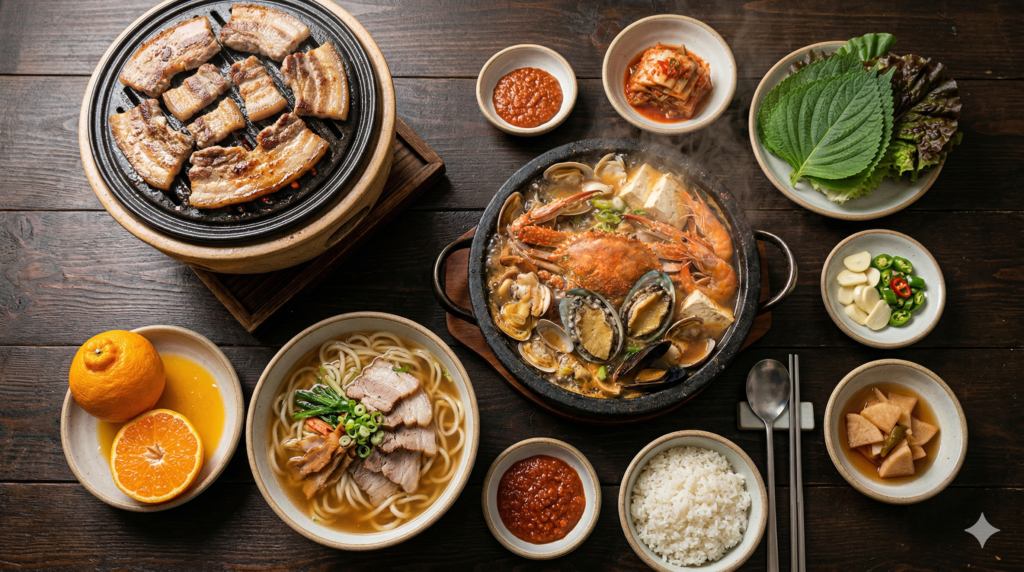 Traditional Jeju winter food spread featuring haemul ttukbaegi, black pork samgyeopsal, gogi guksu and hallabong citrus