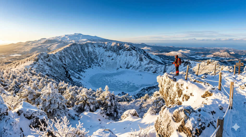 Hiker standing at snow-covered Hallasan summit crater overlooking frozen Baengnokdam lake in winter