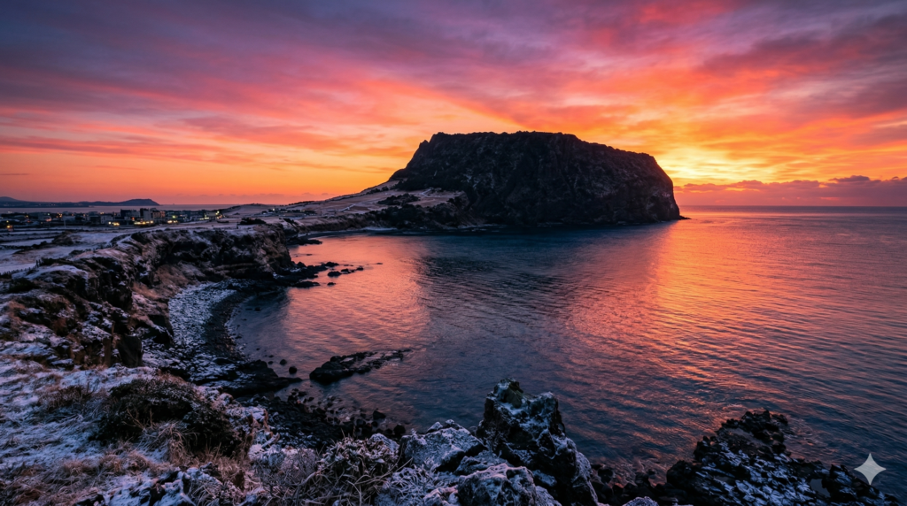Seongsan Ilchulbong Sunrise Peak silhouetted against a vivid winter dawn sky in Jeju Island