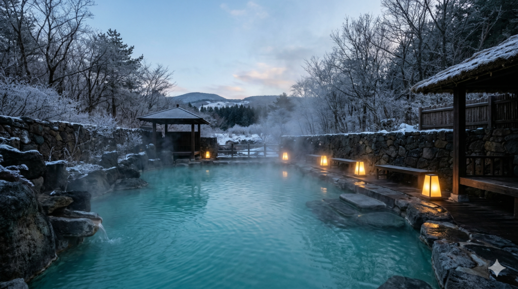 Steam rising from a volcanic hot spring bath in Jeju Island surrounded by frost-covered stone walls in winter 