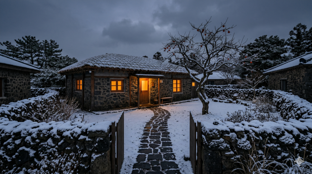 Traditional Jeju volcanic stone guesthouse with warm glowing windows and snow-dusted walls in winter