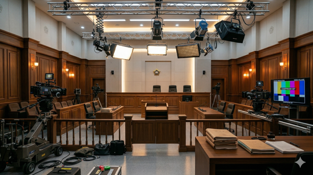 Korean drama production set designed as a courtroom showing the connection between K-dramas and South Korea liability laws
