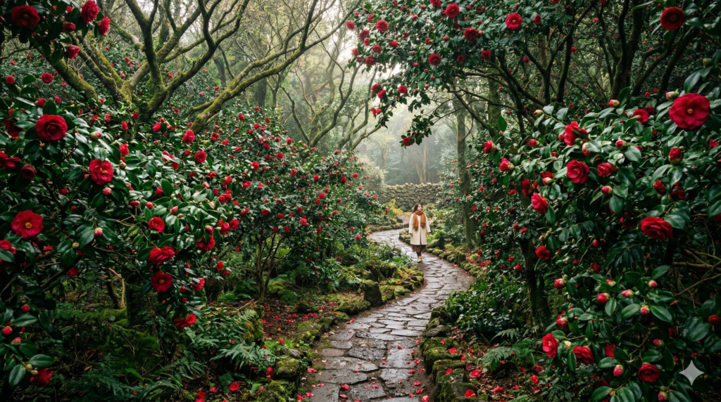 Crimson camellia blossoms in full bloom along a stone path in Jeju Island winter garden